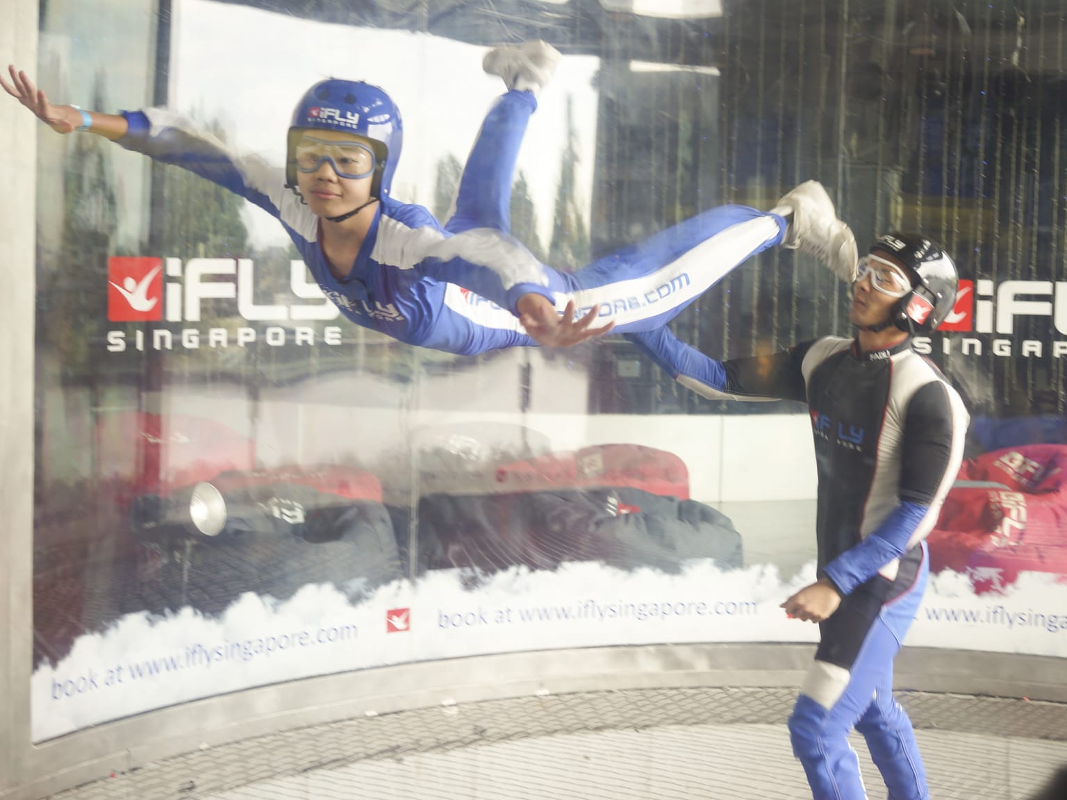 Student in wind tunnel in iFly singapore